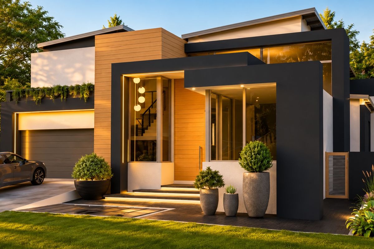 Modern contemporary front facade featuring timber cladding, dark architectural framing, integrated lighting, and a paved driveway with landscaped garden.
