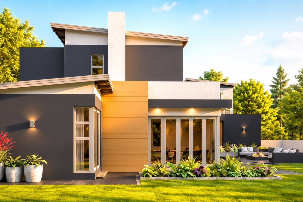 Modern rear elevation featuring bi-fold doors, timber-look cladding, and a landscaped garden with a paved patio area.