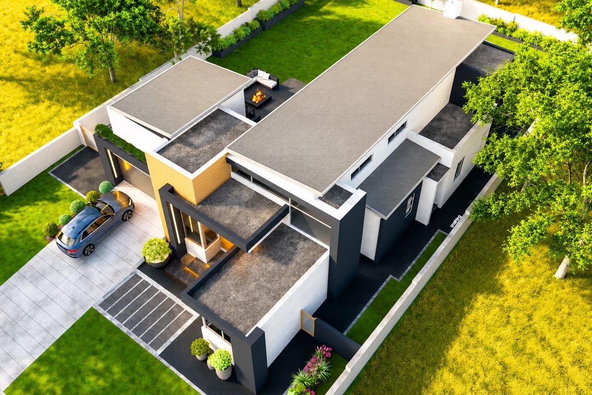 Aerial view of a modern contemporary house featuring a flat roof design, paved driveway, and surrounding landscaped garden.