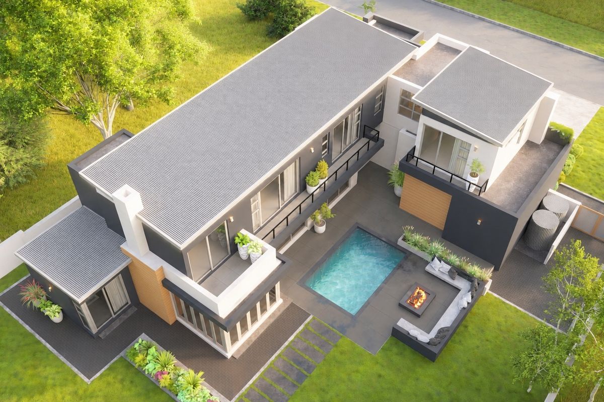Aerial view of a modern two-story house featuring a swimming pool, sunken fire pit area, and multiple balconies with contemporary architectural finishes.