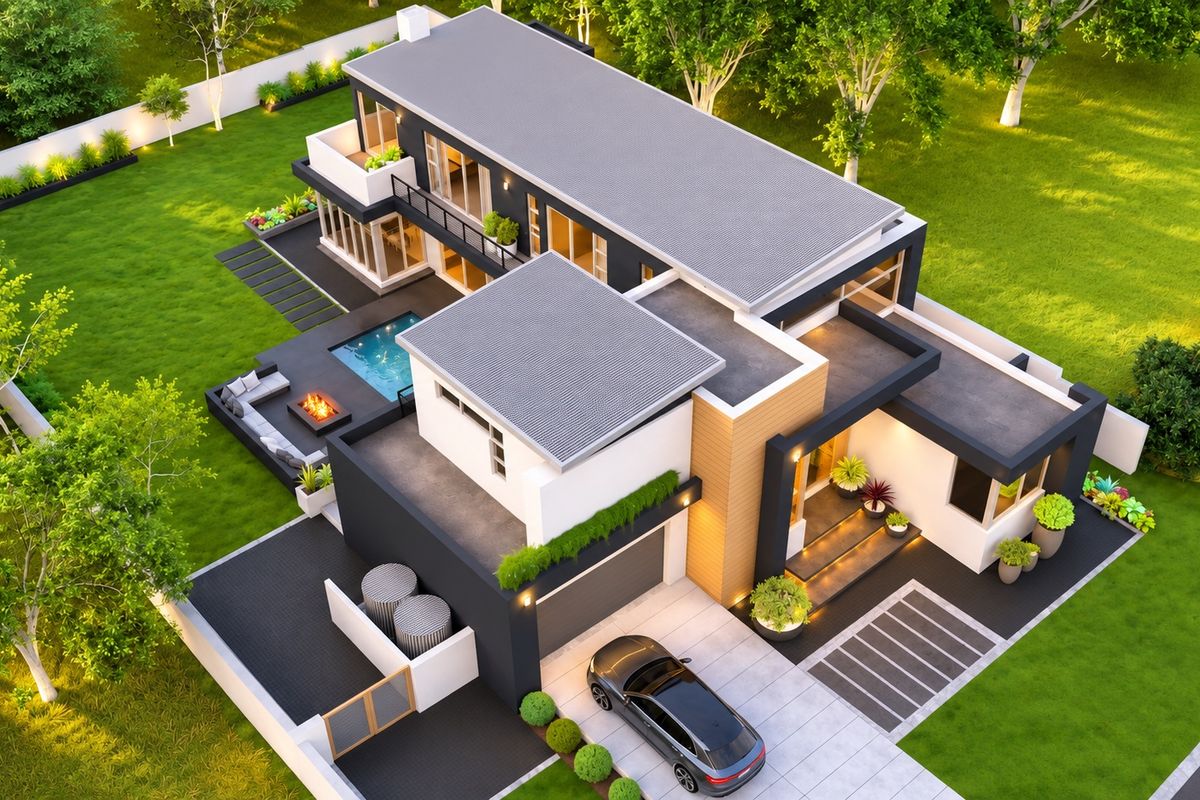 Aerial view of a modern luxury residence featuring a swimming pool, landscaped garden, spacious driveway, and contemporary architectural design.