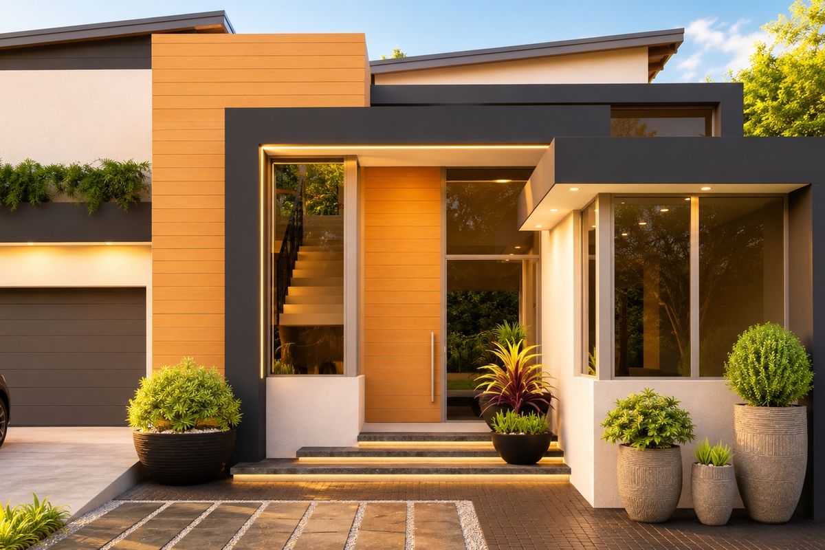 A modern architectural front facade featuring timber cladding, integrated garage, and sophisticated recessed lighting, showcasing a contemporary design aesthetic.