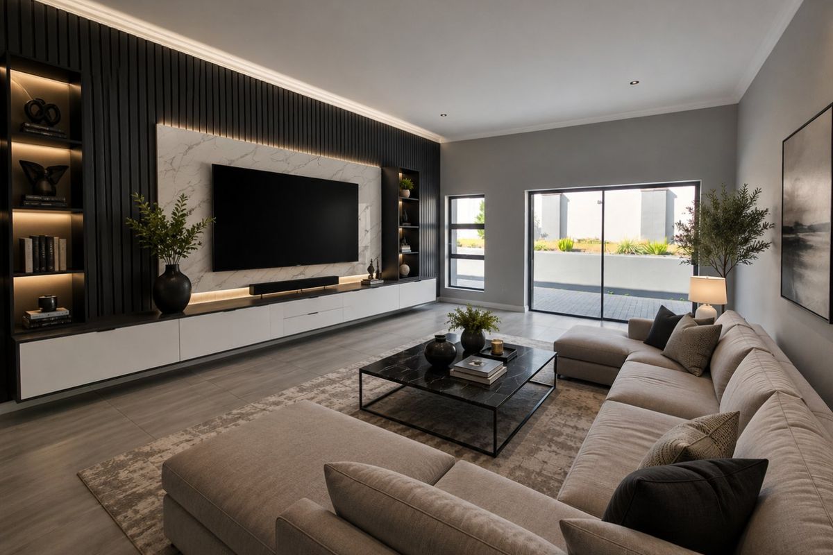 Modern living room featuring a marble feature wall with built-in cabinetry, recessed lighting, and large sliding glass doors leading to an outdoor area.