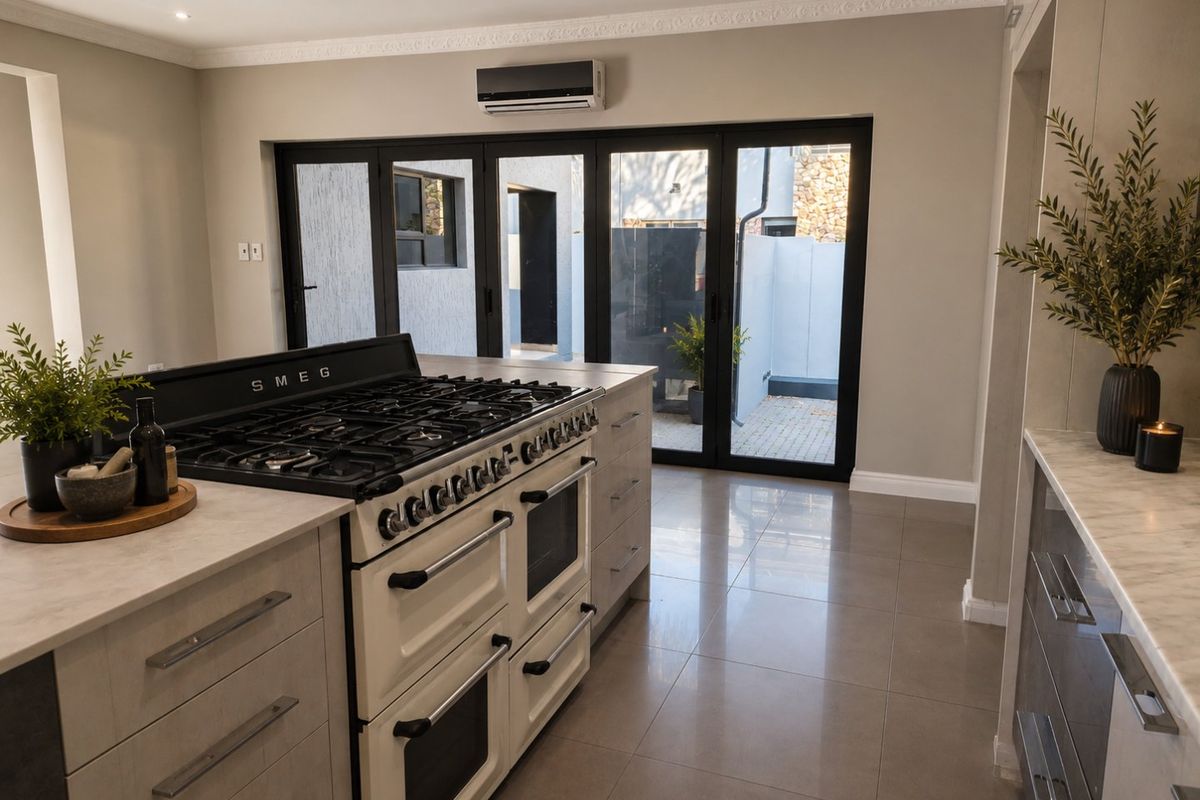 Modern kitchen featuring a premium Smeg freestanding oven, stone-look countertops, sleek cabinetry, and large bifold doors opening to an outdoor area.