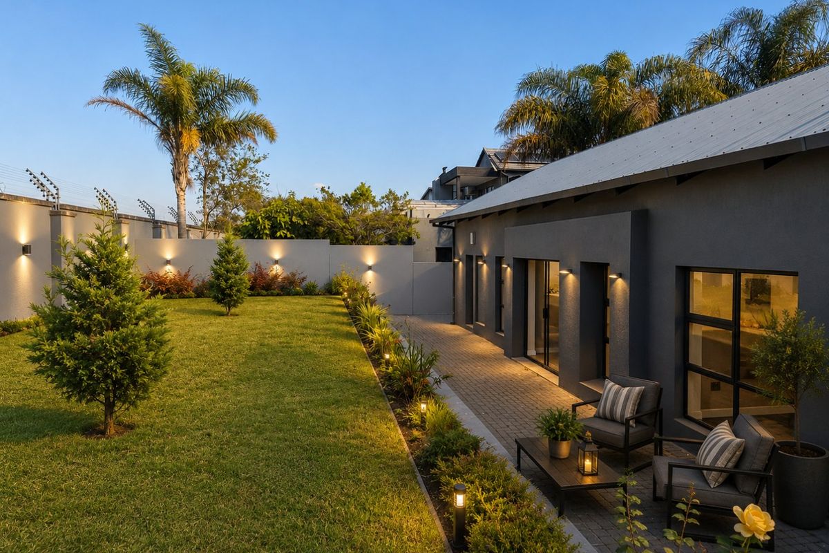 A well-maintained rear garden featuring a paved patio area, manicured lawn, perimeter wall with electric fencing, and modern exterior wall lighting.