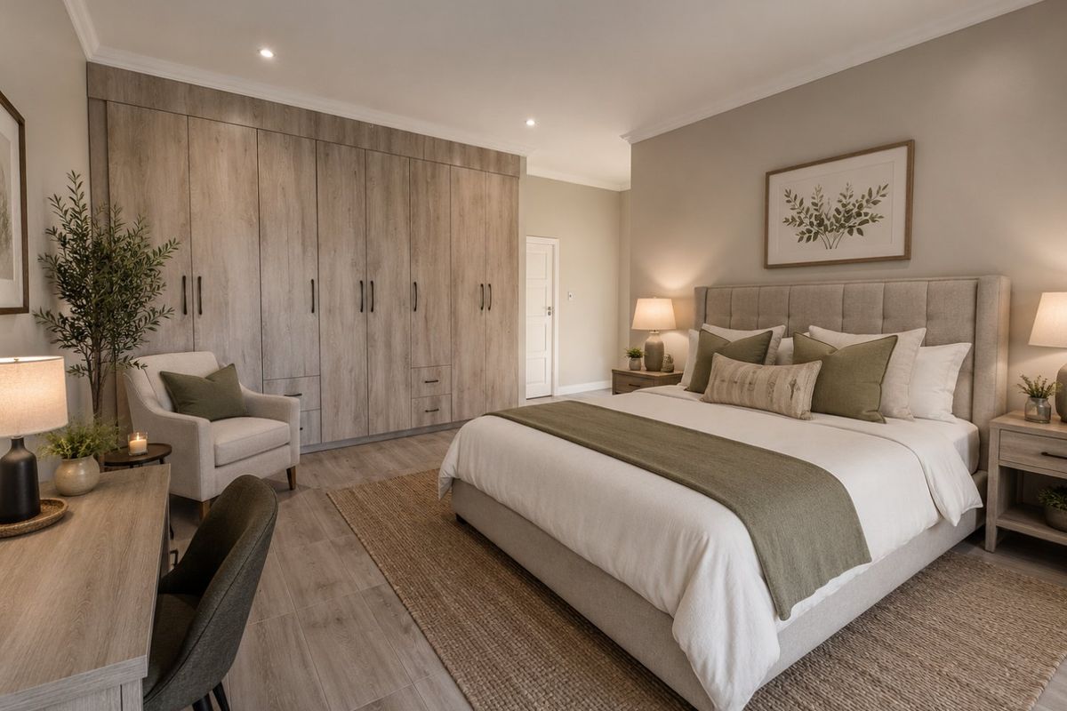A well-appointed bedroom featuring extensive built-in cabinetry, modern laminate flooring, and recessed lighting, creating a clean and contemporary living space.