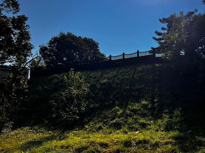 A view of a sloped rear garden area featuring a retaining embankment and perimeter fencing against a clear sky.