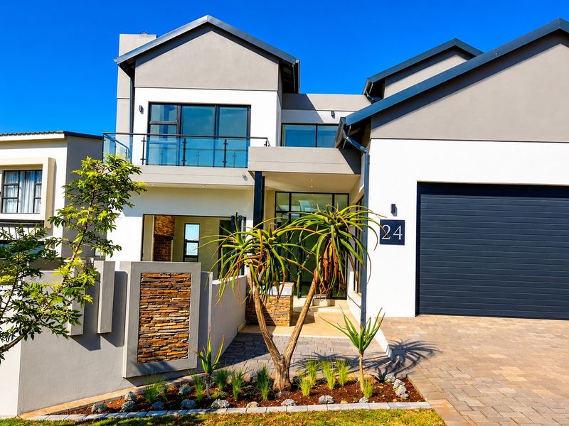 Modern double-story residential facade featuring a double garage, stone cladding accents, and a private balcony with glass balustrades.