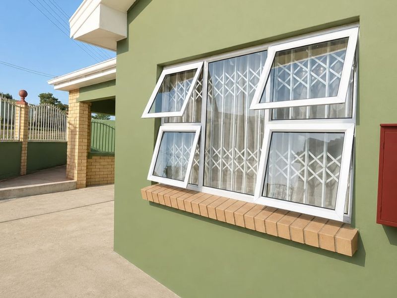 A view of the front exterior featuring green painted walls, white aluminium windows with security bars, and a concrete driveway.