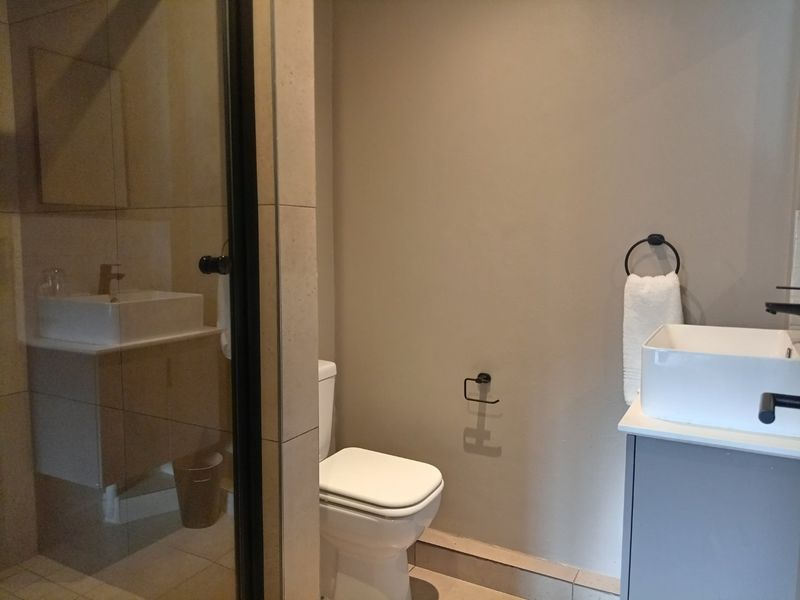 Modern bathroom featuring a vessel sink vanity, a separate shower enclosure with glass door, and a standard toilet with neutral wall finishes.