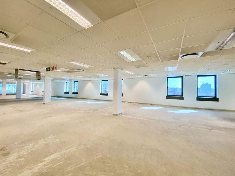 Spacious open-plan commercial office area featuring a suspended ceiling, recessed lighting, and large windows providing ample natural light.