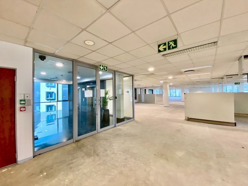 Open-plan commercial office space featuring glass partitioning, suspended ceilings with recessed lighting, and unfinished concrete flooring, ready for tenant fit-out.