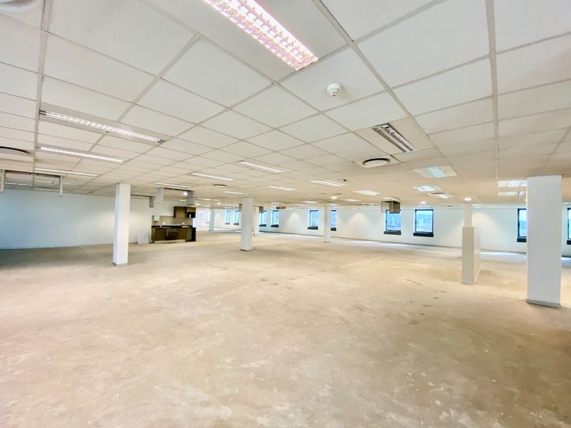 Expansive open-plan commercial office space featuring a suspended ceiling, recessed lighting, structural columns, and a small integrated kitchenette area.