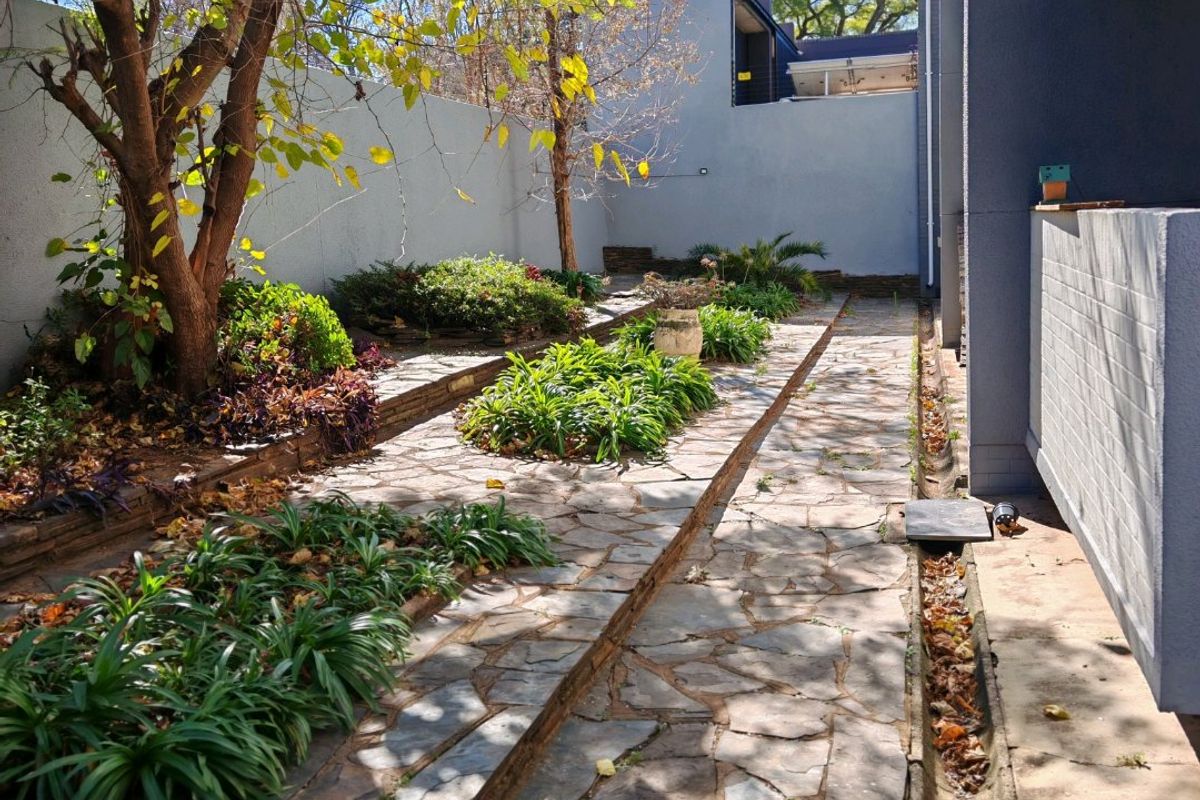 A rear garden area featuring stone paving, established trees, and a drainage channel running alongside the building exterior.