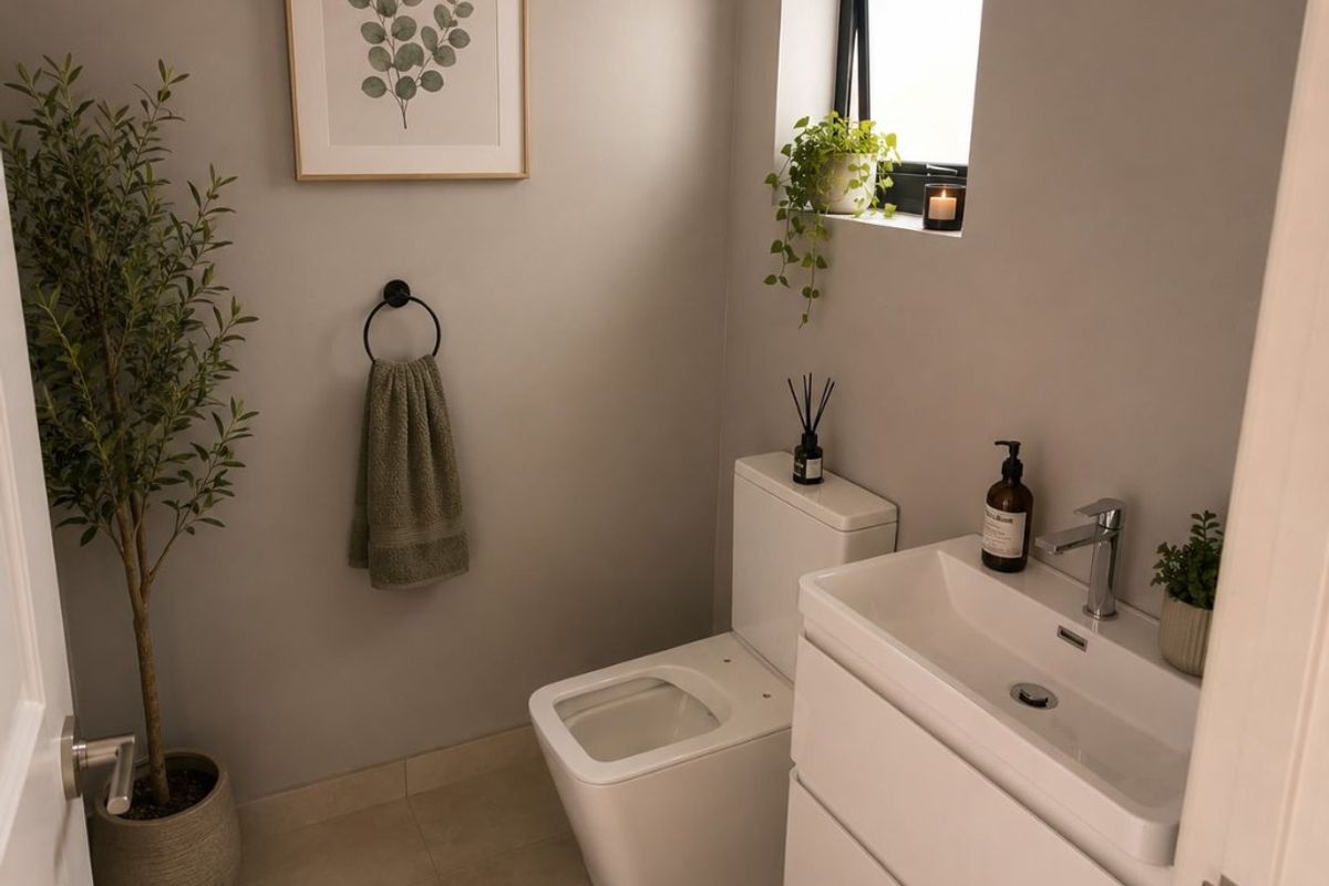 A modern, well-maintained powder room featuring a wall-mounted vanity, contemporary basin, and a clean, neutral aesthetic.