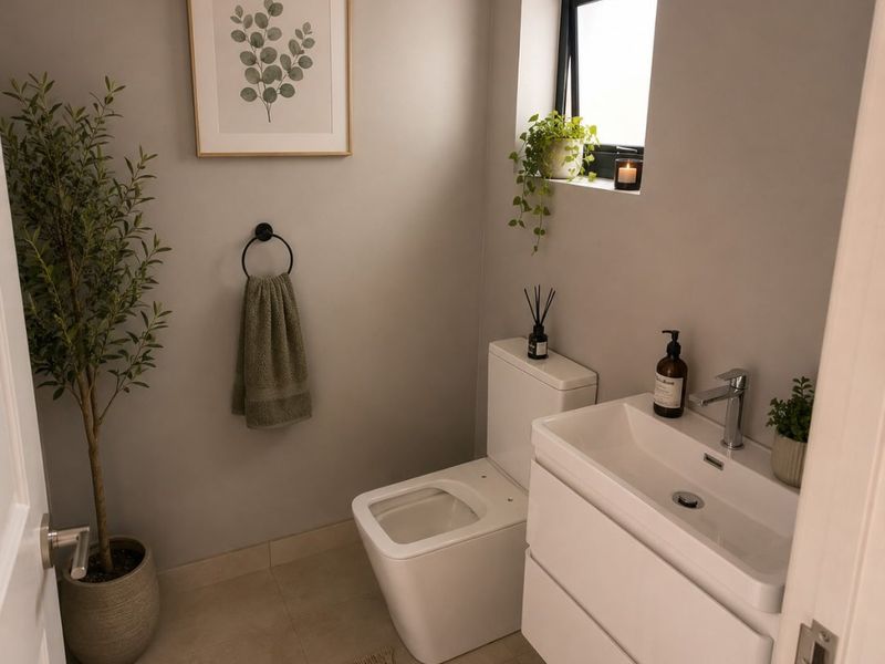 A modern, well-maintained powder room featuring a wall-mounted vanity, contemporary basin, and a clean, neutral aesthetic.