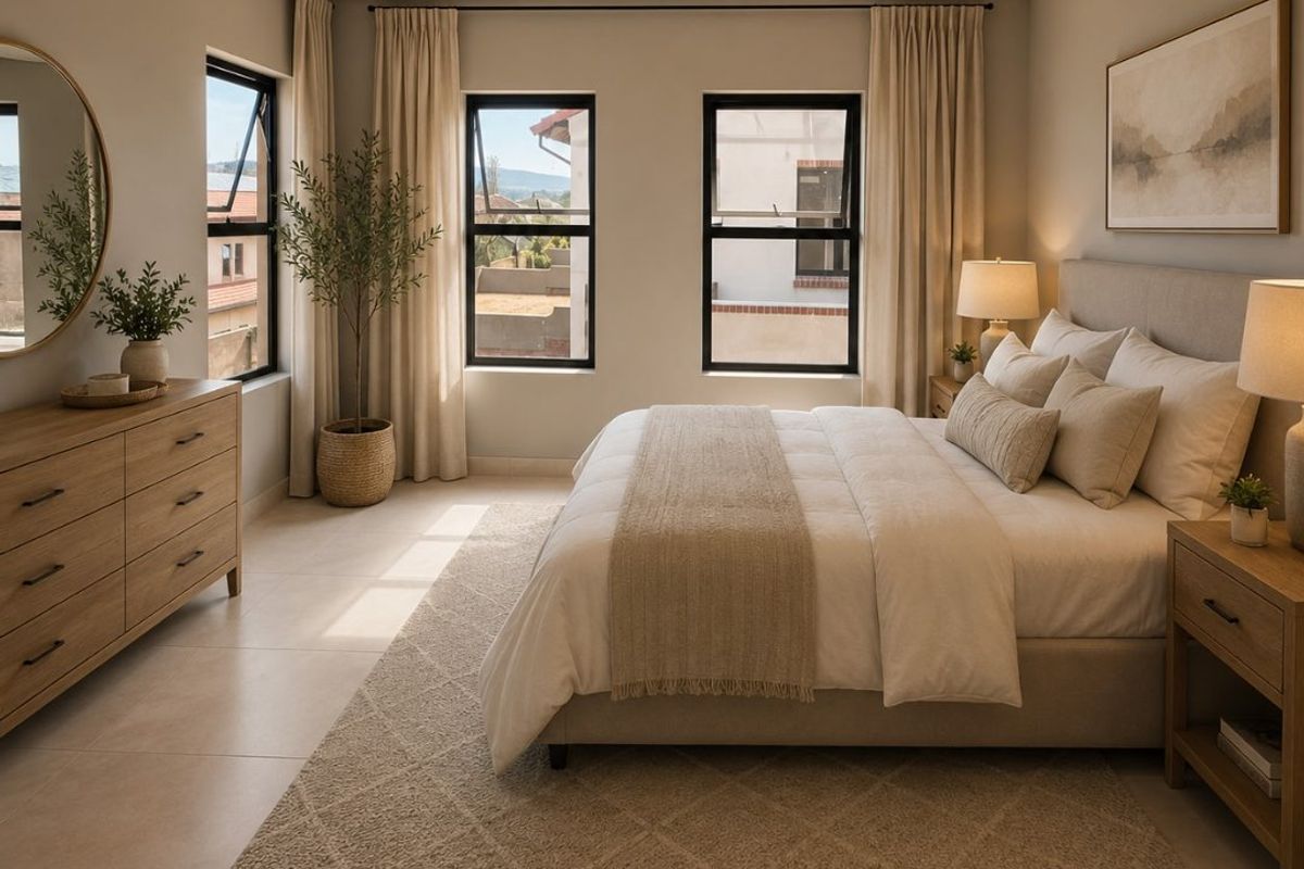 A well-lit, modern bedroom featuring neutral tones, tiled flooring, and large black-framed windows that provide natural light and exterior views.