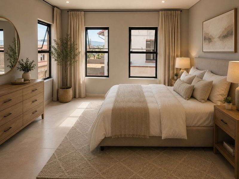 A well-lit, modern bedroom featuring neutral tones, tiled flooring, and large black-framed windows that provide natural light and exterior views.