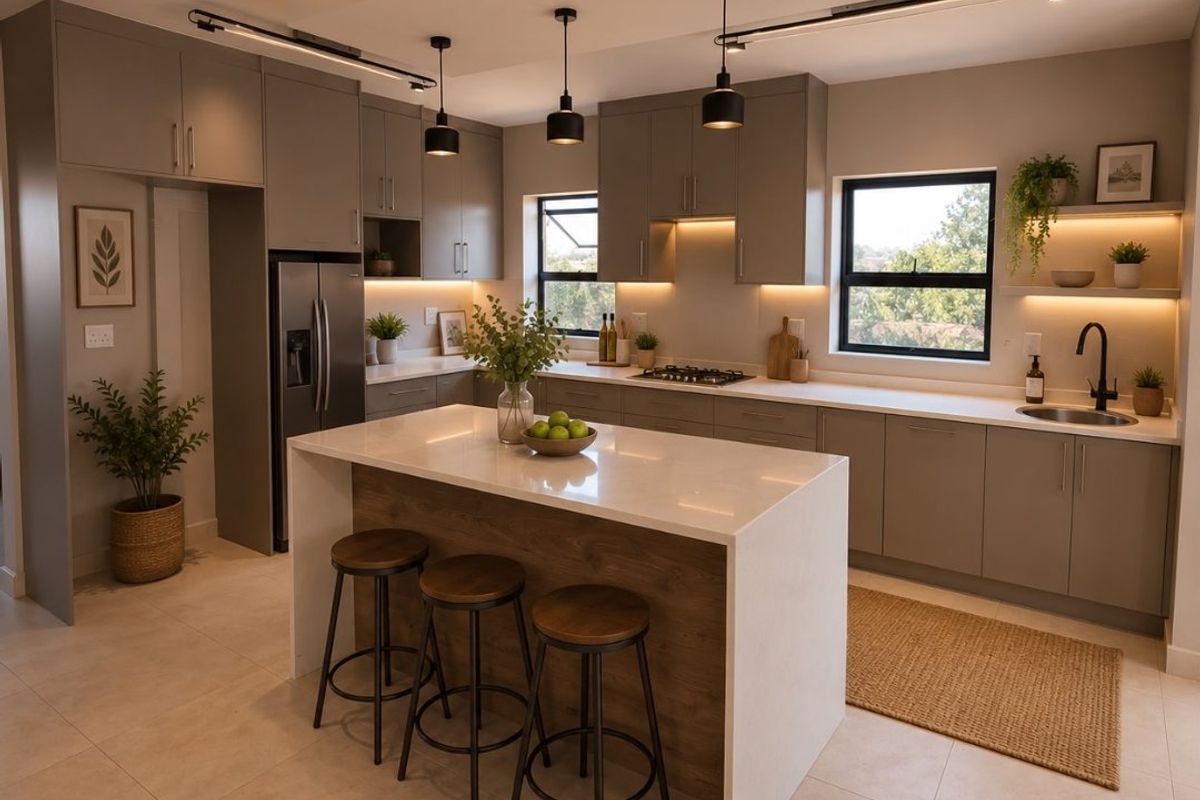 Modern kitchen featuring sleek grey cabinetry, a central island with quartz countertop, integrated gas hob, and stylish pendant lighting.