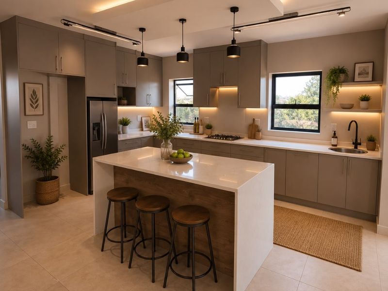 Modern kitchen featuring sleek grey cabinetry, a central island with quartz countertop, integrated gas hob, and stylish pendant lighting.