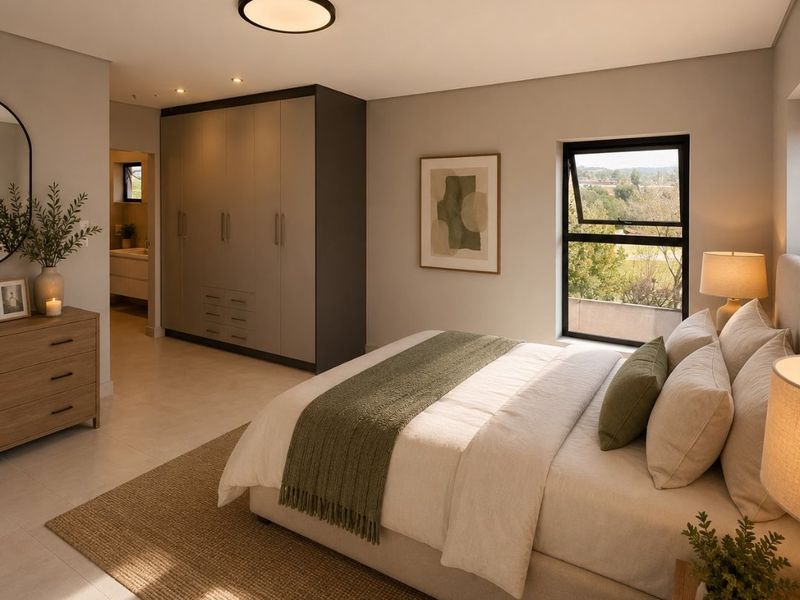 A well-appointed bedroom featuring neutral tones, built-in cabinetry, tiled flooring, and a window with natural light, leading to an en-suite bathroom.