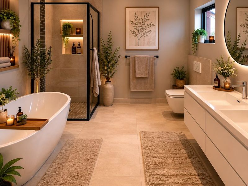 Modern, high-end bathroom featuring a freestanding bathtub, walk-in shower with black frame, double vanity, and elegant recessed lighting.