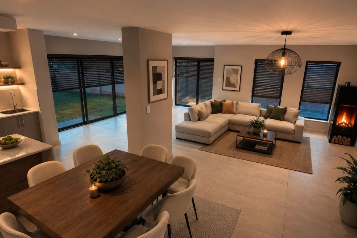 Spacious open-plan living area featuring a modern fireplace, tiled floors, integrated kitchen, and large sliding doors leading to the garden.