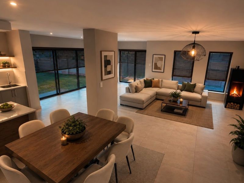 Spacious open-plan living area featuring a modern fireplace, tiled floors, integrated kitchen, and large sliding doors leading to the garden.