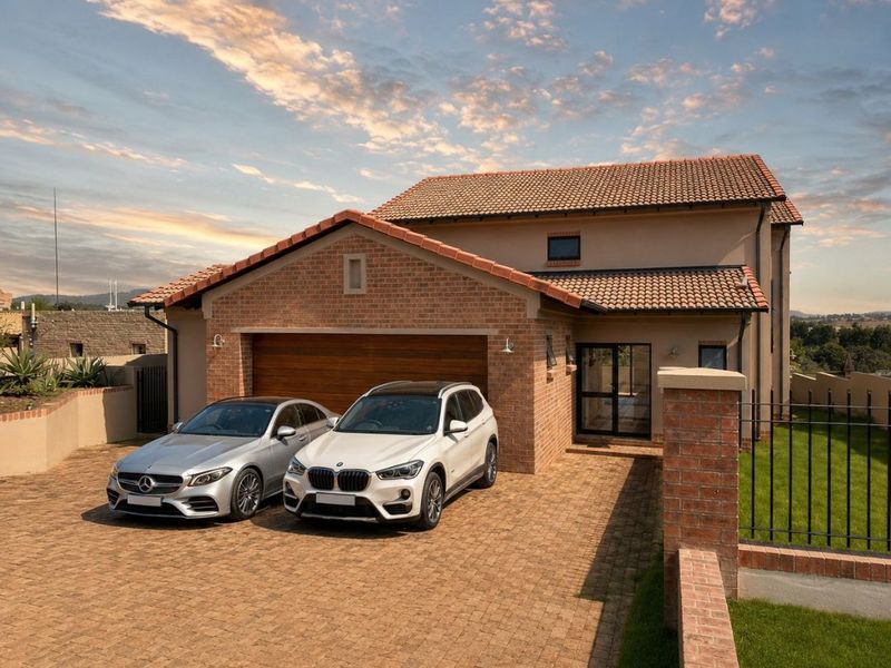 Front elevation of a modern double-story house featuring a brick facade, tiled roof, paved driveway, and a double garage.