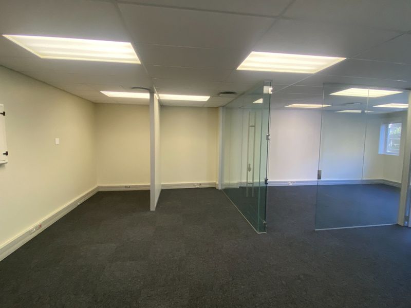 An empty commercial office space featuring glass partition walls, carpeted flooring, and a suspended ceiling with recessed lighting.