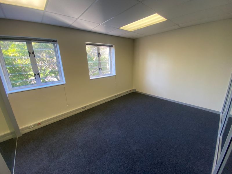 A clean, empty office space featuring carpeted flooring, recessed ceiling lights, and large windows with security bars, suitable for a professional workspace.