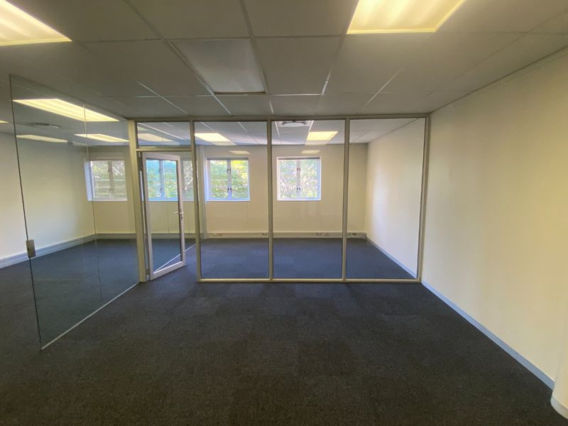 A vacant commercial office space featuring glass partition walls, carpeted flooring, and a suspended ceiling with recessed lighting.