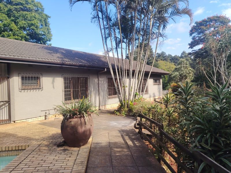 Rear exterior view of the house featuring a paved walkway, security bars on windows, and access to the pool area.