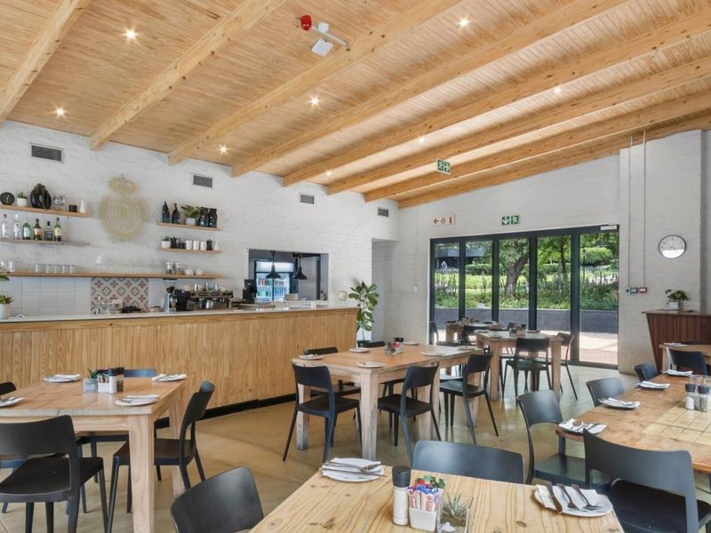Spacious open-plan dining area featuring a timber-clad ceiling, polished concrete floors, and large bi-fold doors opening to an outdoor space.