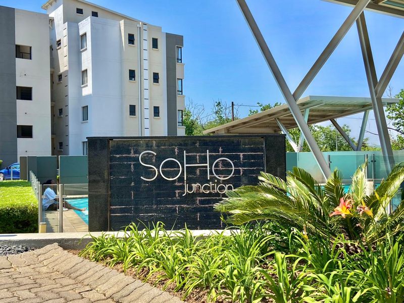 A view of the Soho Junction apartment complex pool area, featuring a modern swimming pool, glass balustrades, and landscaped garden surroundings.