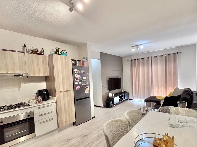 Open-plan living area featuring a modern kitchen with built-in cabinetry, gas hob, and oven, flowing into a comfortable lounge space with feature wall.