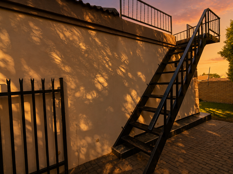Exterior rear view featuring a metal staircase leading to an upper level, paved patio area, and secure perimeter fencing.
