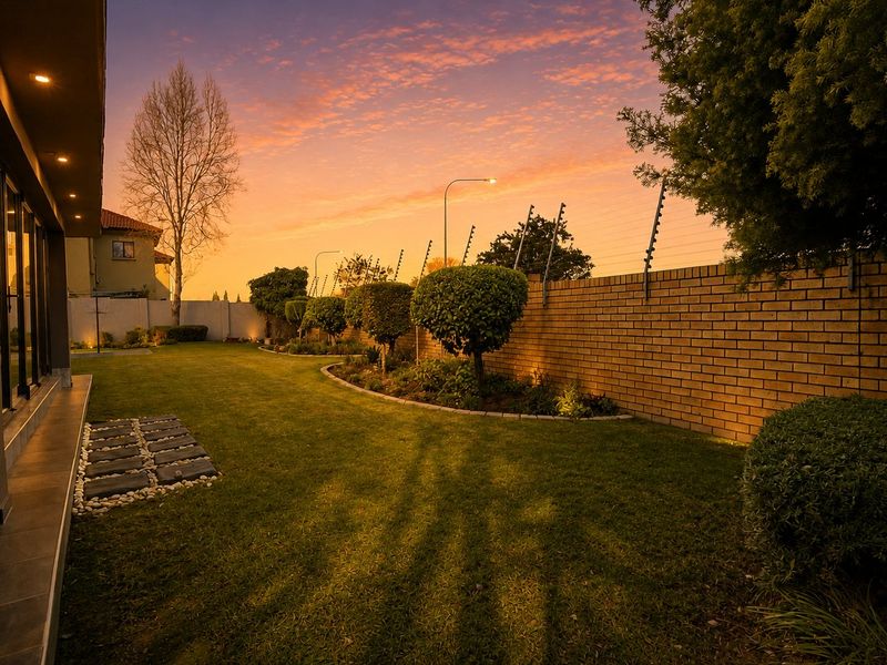 A well-maintained rear garden featuring a manicured lawn, brick boundary wall with electric fencing, and a tiled patio area at sunset.