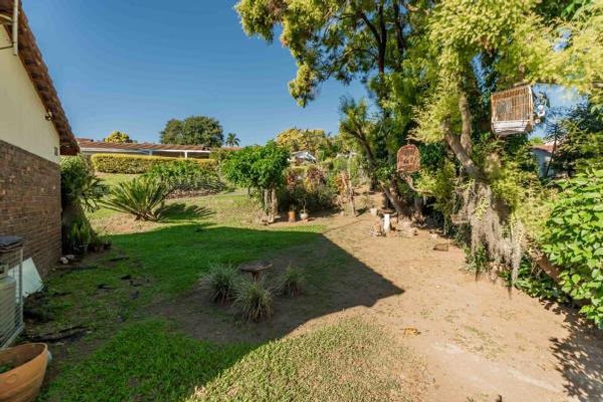 A rear garden area featuring a brick townhouse facade, mature trees, and a lawned yard space.
