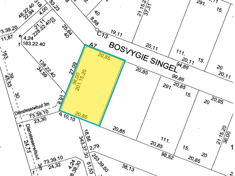 A cadastral map showing the boundary lines and dimensions of the residential vacant land plot located on Bosvygie Singel.