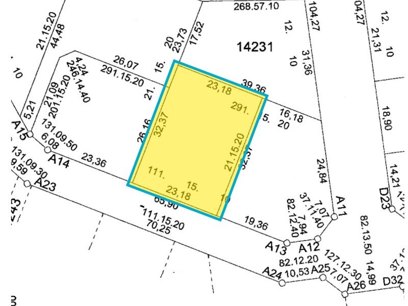 A cadastral survey map highlighting a specific residential land plot with boundary dimensions and lot numbering.