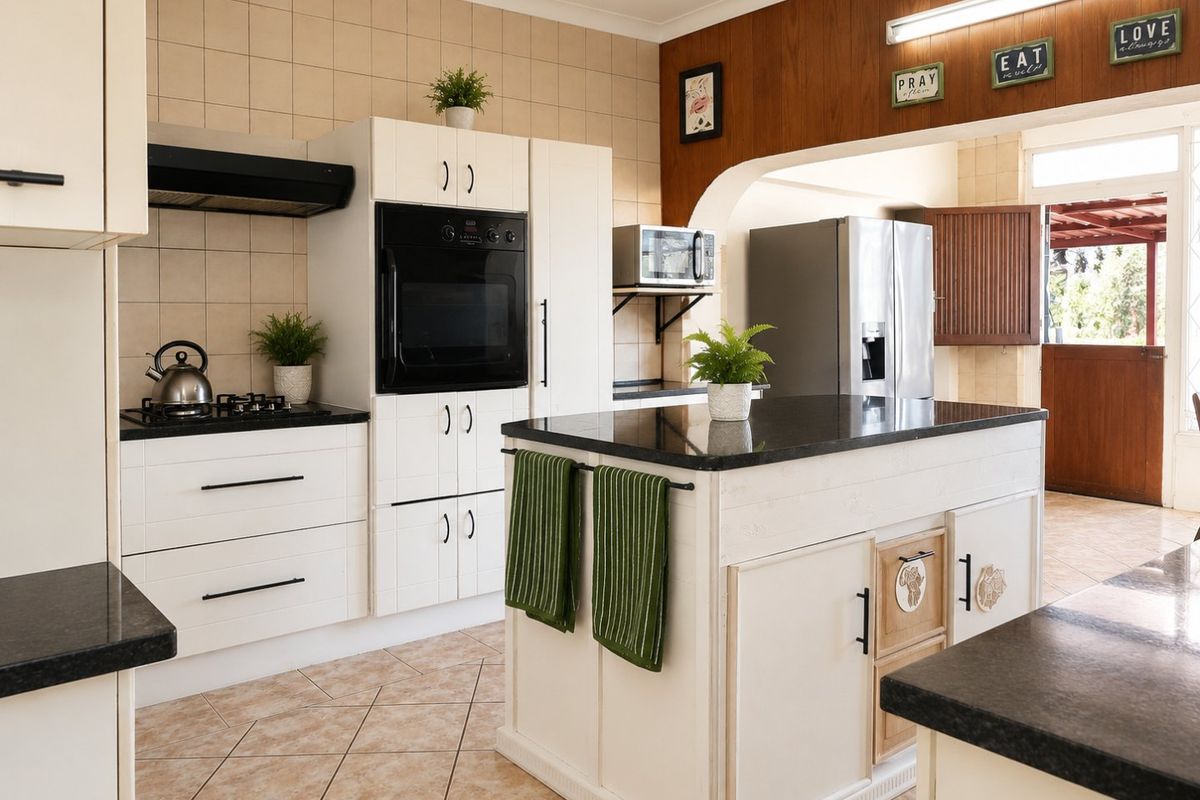 A functional kitchen featuring a central island, built-in oven, gas hob, and granite countertops, with tiled flooring and a neutral tiled backsplash.