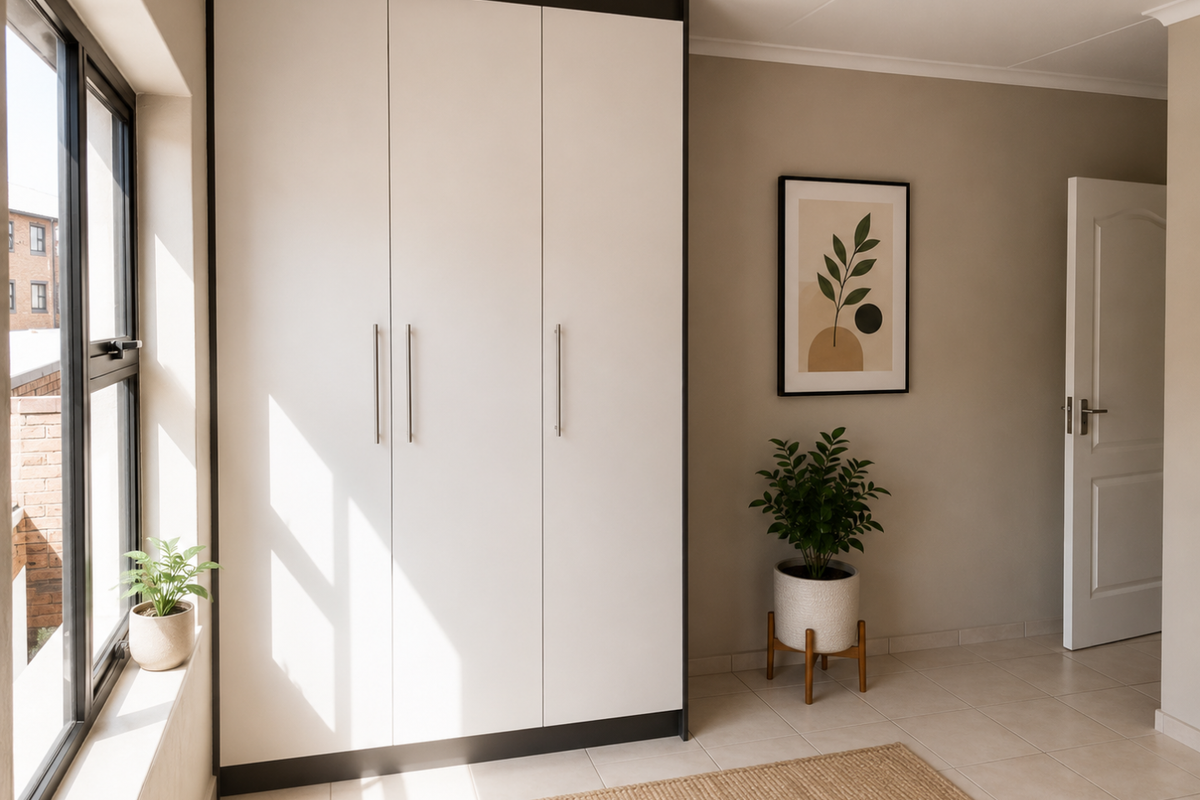 A well-maintained bedroom featuring a modern built-in wardrobe with clean lines, neutral tiled flooring, and natural light from the side window.
