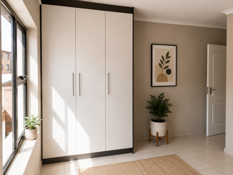 A well-maintained bedroom featuring a modern built-in wardrobe with clean lines, neutral tiled flooring, and natural light from the side window.