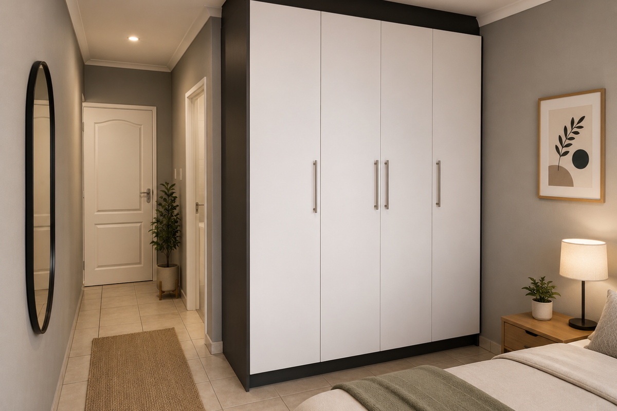 A well-maintained bedroom featuring a large, modern built-in wardrobe with white doors and a dark frame, complemented by neutral tiled flooring.