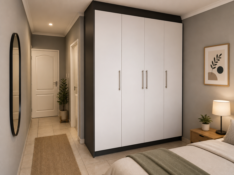 A well-maintained bedroom featuring a large, modern built-in wardrobe with white doors and a dark frame, complemented by neutral tiled flooring.