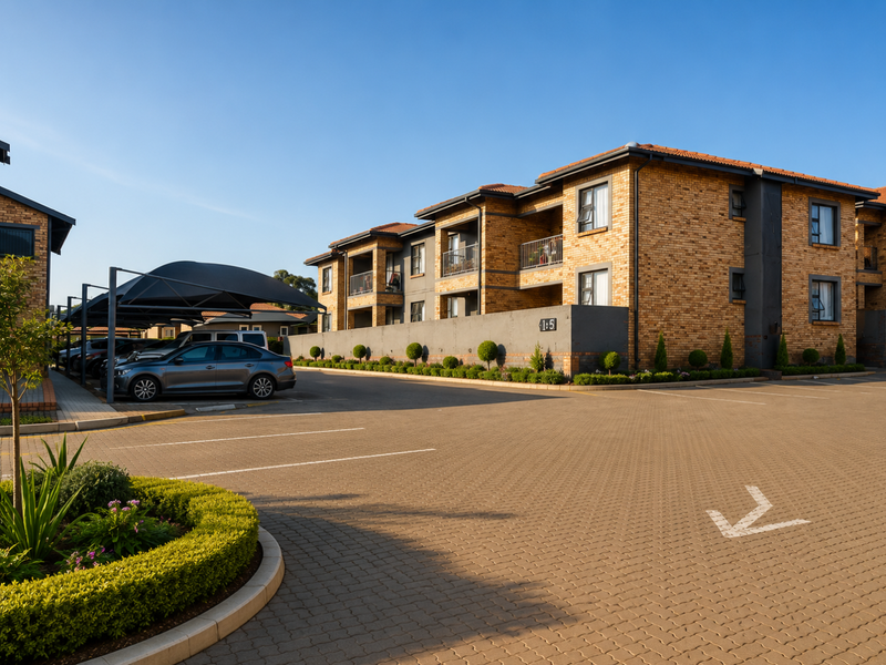 A well-maintained apartment complex featuring face brick architecture, paved parking areas with carports, and neat landscaped garden beds.