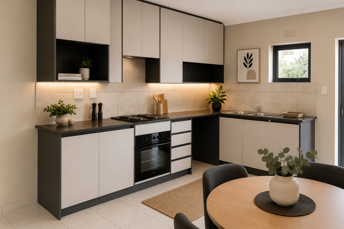 Modern open-plan kitchen featuring two-tone cabinetry, integrated electric oven and hob, tiled backsplash, and sleek under-cabinet lighting, seamlessly connected to the dining area.