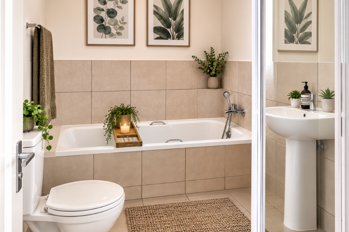 A well-maintained bathroom featuring a built-in bathtub, pedestal sink, and a separate shower enclosure with neutral ceramic tiling throughout.