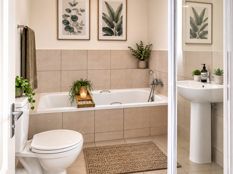 A well-maintained bathroom featuring a built-in bathtub, pedestal sink, and a separate shower enclosure with neutral ceramic tiling throughout.
